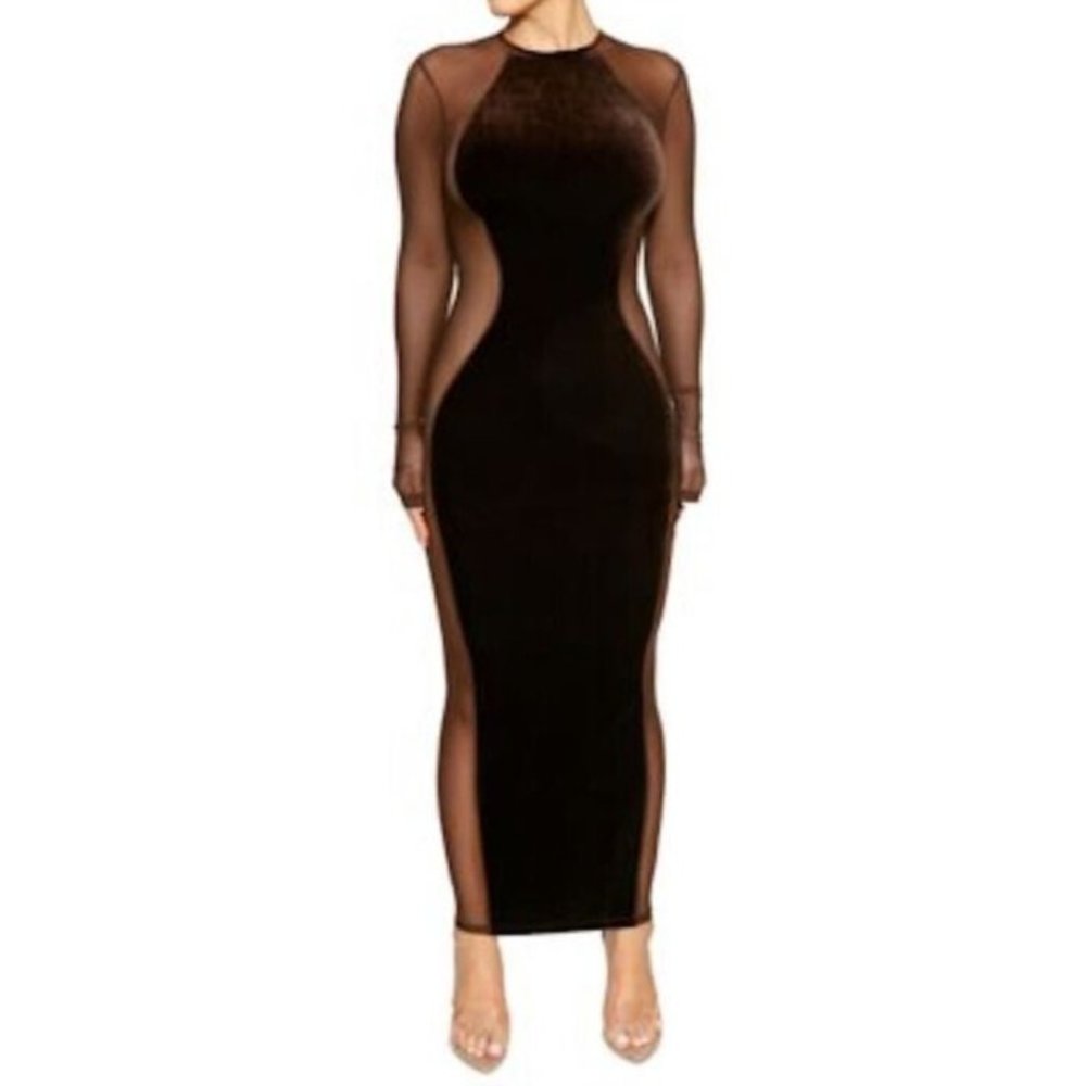 naked wardrobe Black Mesh-Panel Velvet Maxi Dress